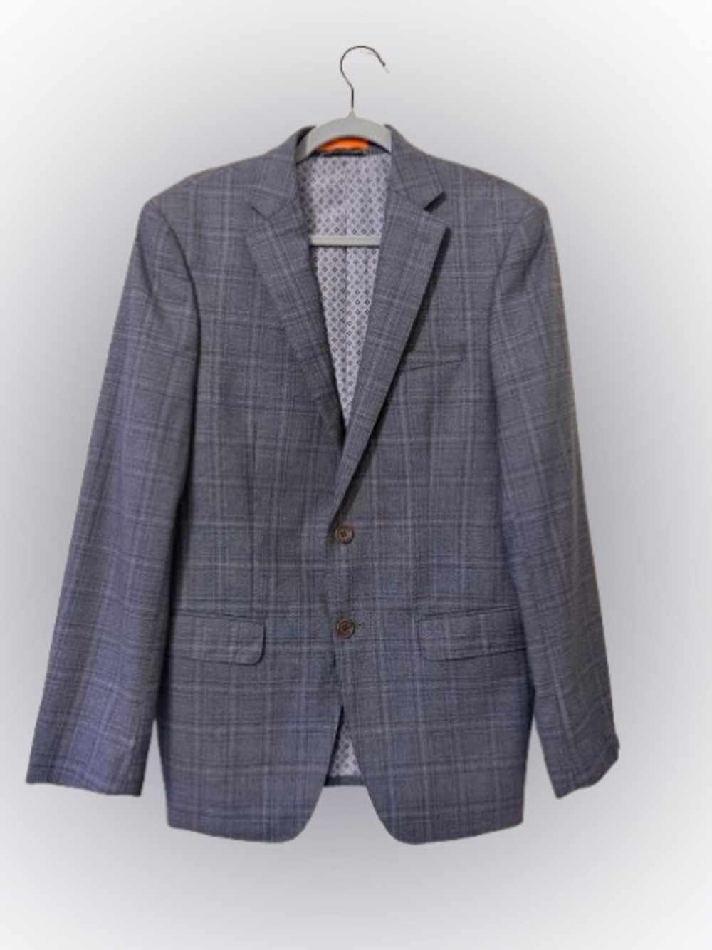 Tallia Men’s 38R 100% Wool Plaid Sport Coat Blazer Purple Blue Two Button